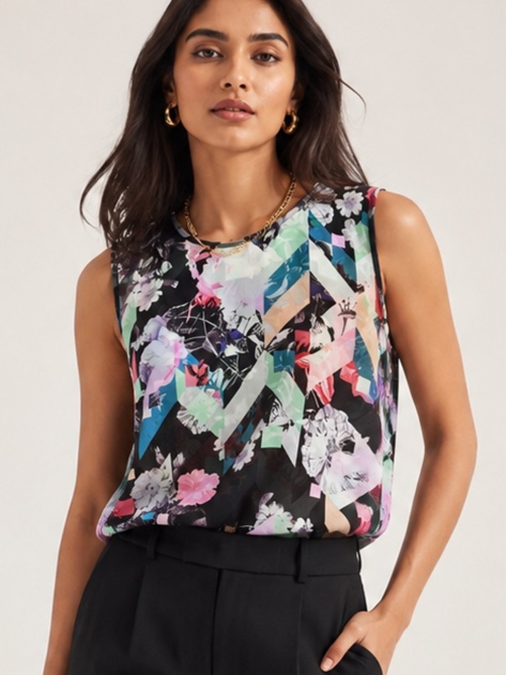 Rebecca Minkoff Black Floral & Geometric Print Sleeveless Camisole